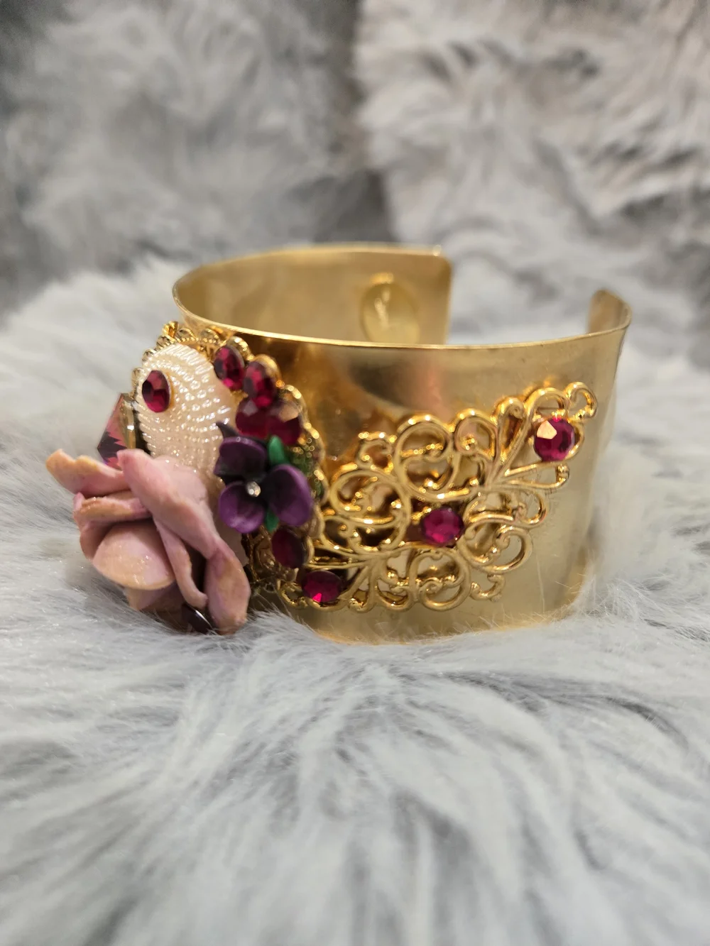VTG Signed Jane Davis Brass Rose Filigree Cuff Bracelet